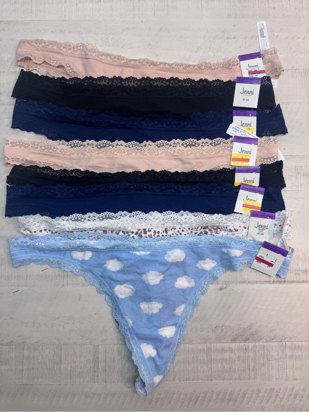 Jenni pack of 8 Women's Assorted Lace Trim Thongs Black tan blue nwt size xxl